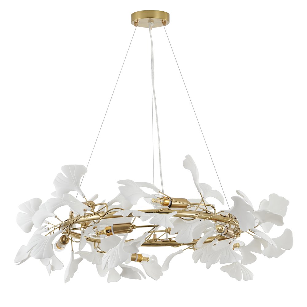 10-Light Brass Chandelier With White Acrylic Leafs. Picture 5