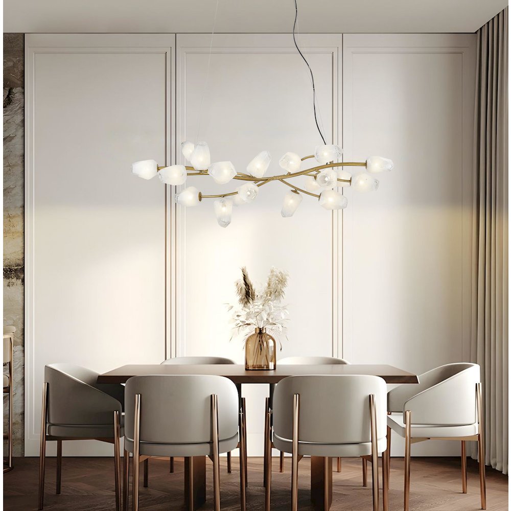 20-Light gold iron frame chandelier with white glass shades. Picture 6