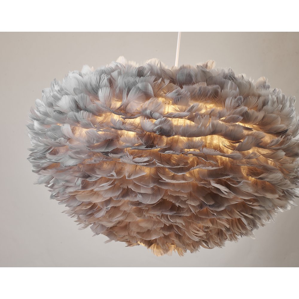 1-Light Light Grey Goose Fether Chandelier With A White Iron Frame. Picture 3