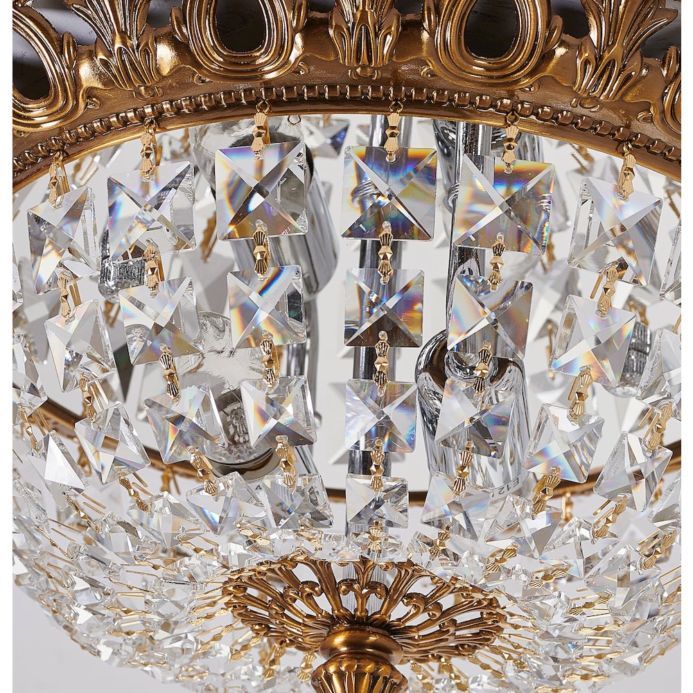 2-Light Antique Gold Flush Mount With Clear Hanging Crystals. Picture 3