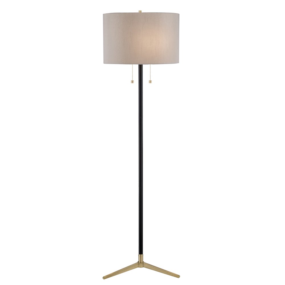 2-Light Antique Brass And Black Floor Lamp With A White Shade. Picture 1