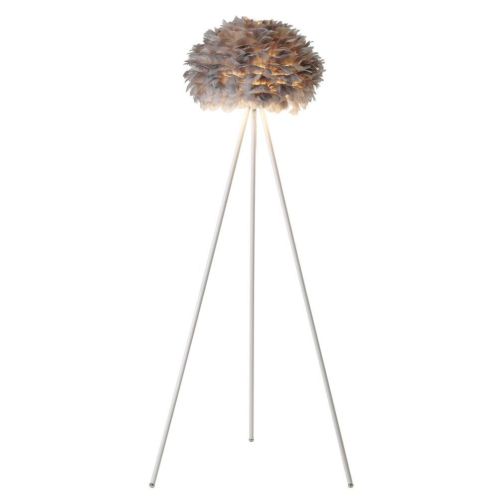 1-Light Grey Goose Feather Ball Floor Lamp With A White Iron Frame. Picture 1