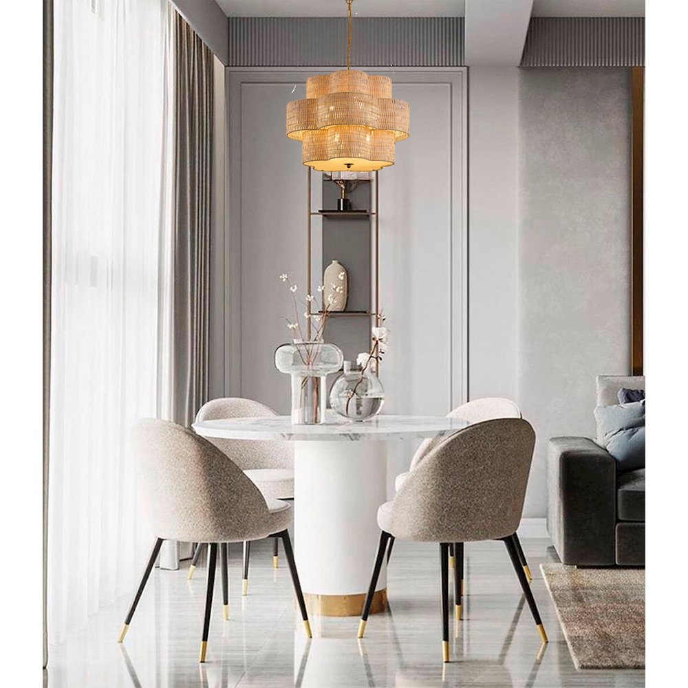 6-Light Brass Chandelier With A Nature Rattan Waved Basket Shade. Picture 7