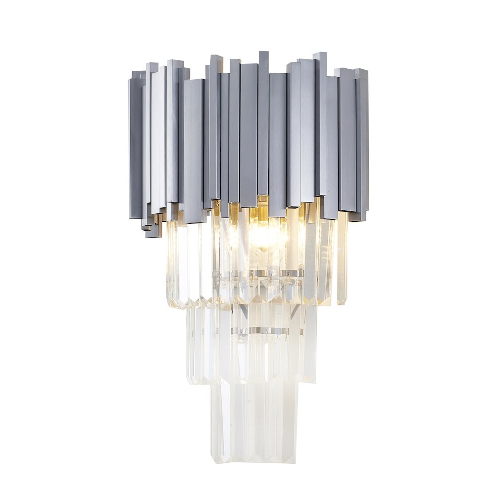 3-Light Shiny Nickel Wall Sconce With Clear Hanging Crystals. Picture 1
