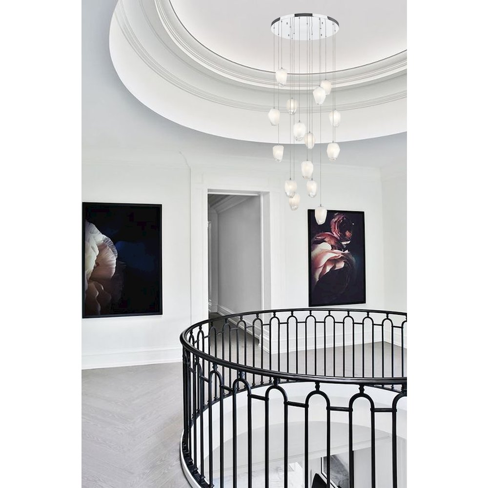 15-Light Chrome Chandelier With White Glass Pendants. Picture 6