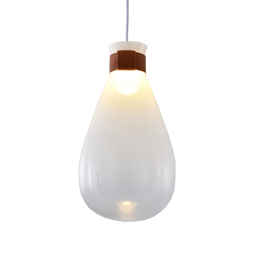 1-Light White Glass Jar Pendant With A Leather Band. Picture 3