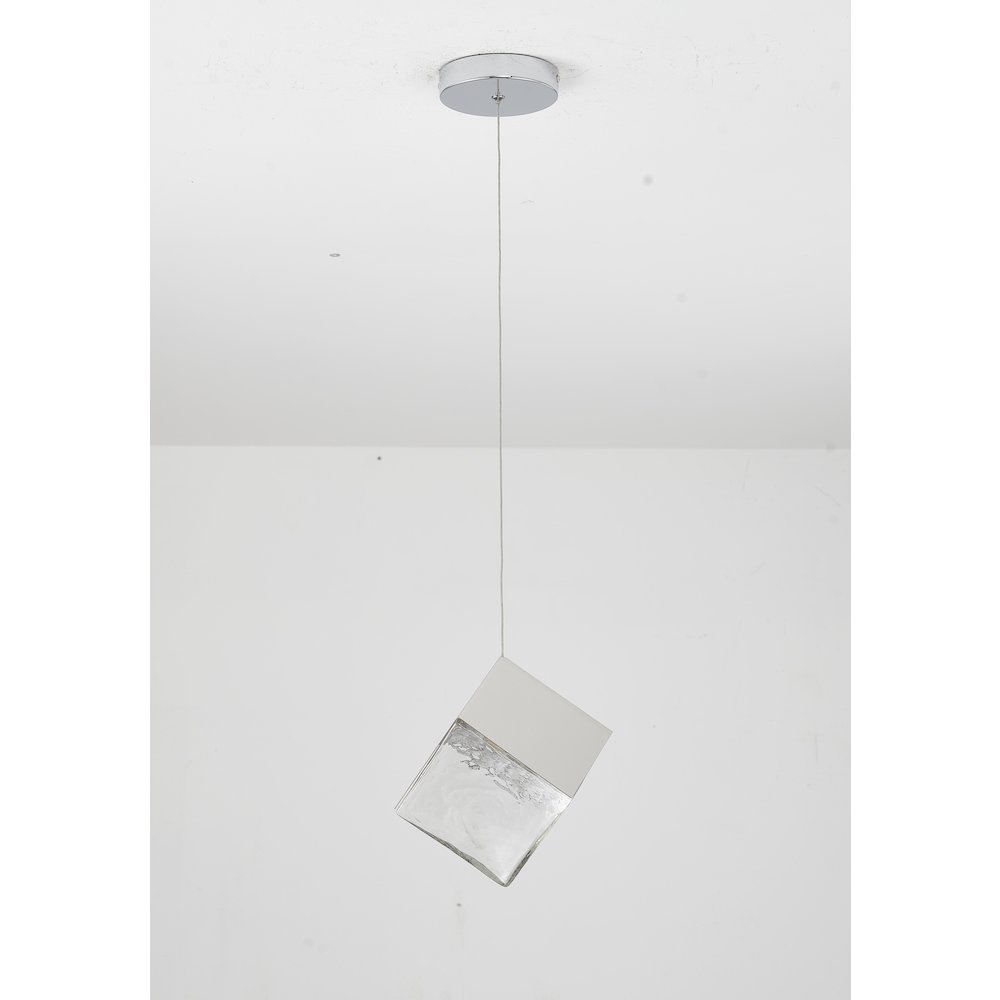 1-Light Chrome Cubed Pendant With A Clear Distorted Glass Shade. Picture 2