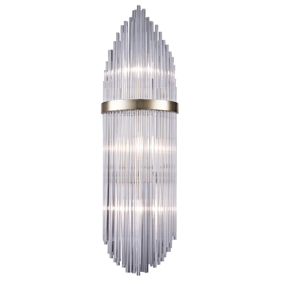 3-Light Chrome Metal Wall Sconce With Clear Glass Rods. Picture 1