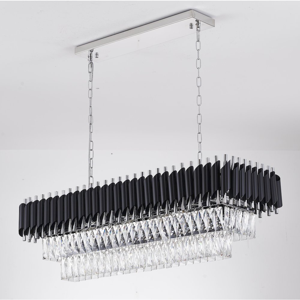 12-Light black and chrome chandelier, clear hanging crystals. Picture 5
