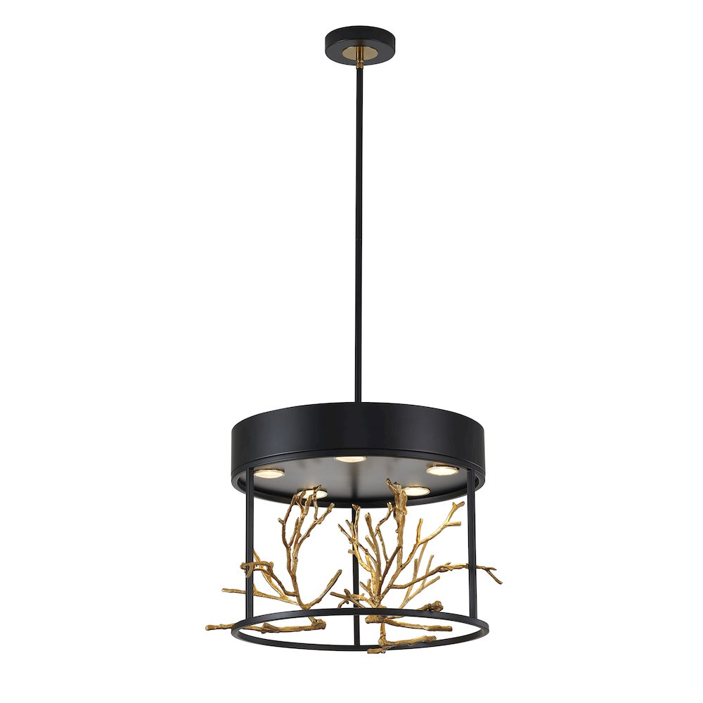 5-Light Matte Black Pendant With Gold Branch Accents. Picture 1