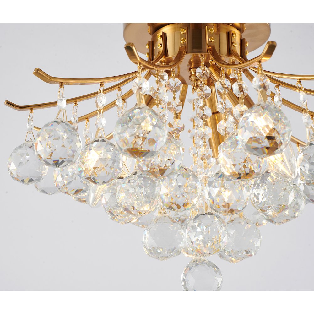 3-Light Satin Brass Metal Flush Mount With Clear Crystals. Picture 4