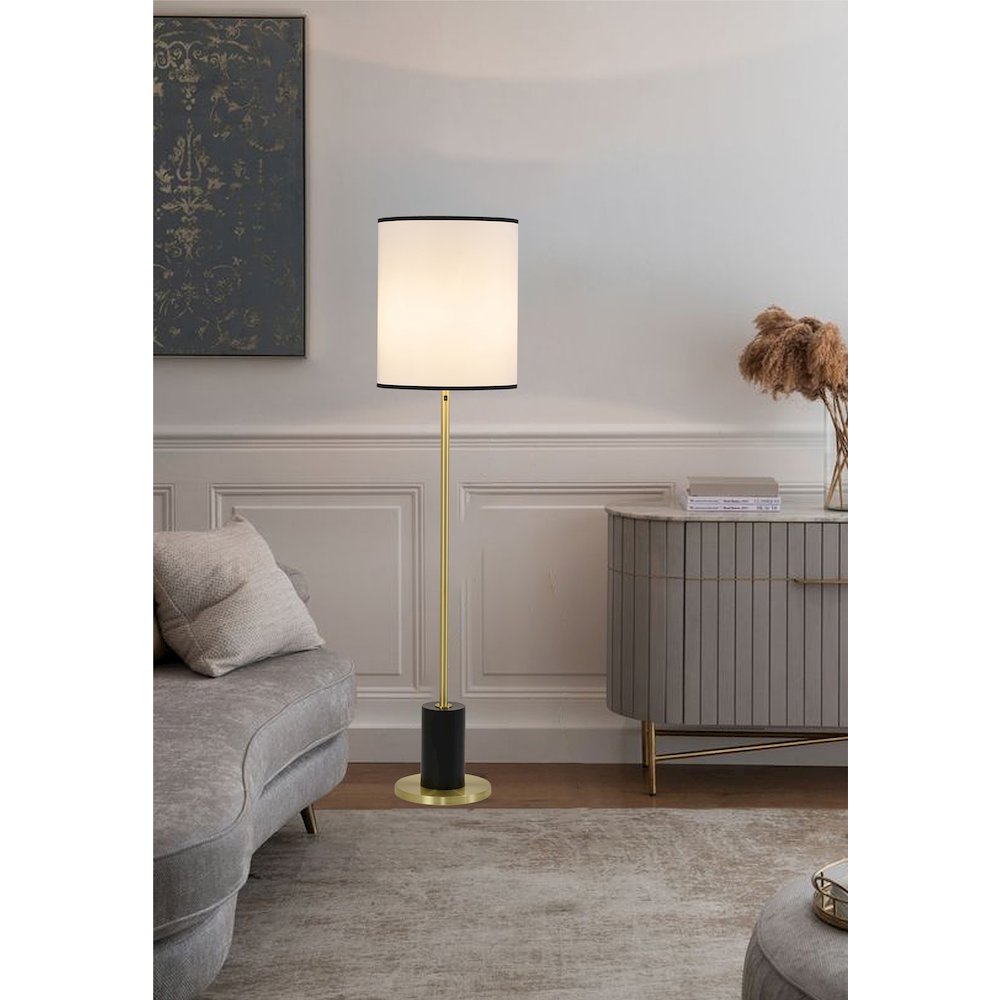 2-Light Black And Satin Brass Floor Lamp With A White Linen Shade. Picture 8