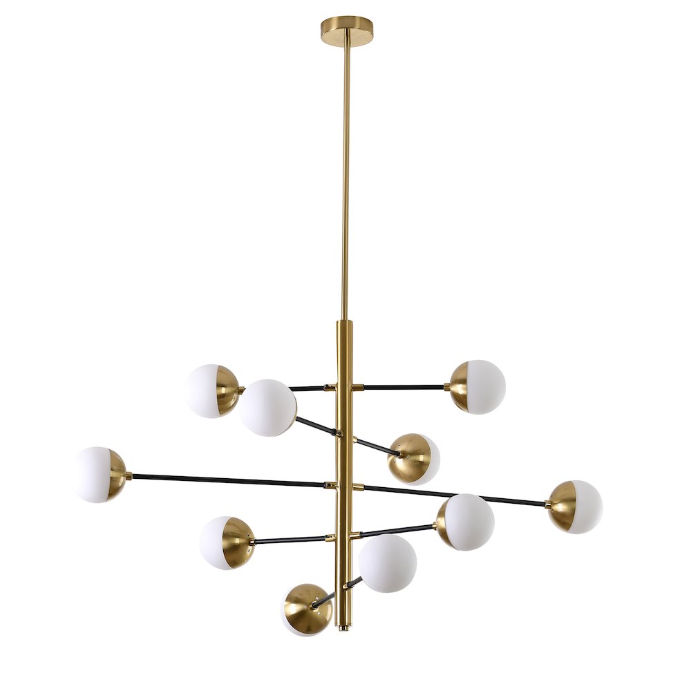 10-Light Brass And Black Chandelier With Milk White Glass Shades. Picture 2