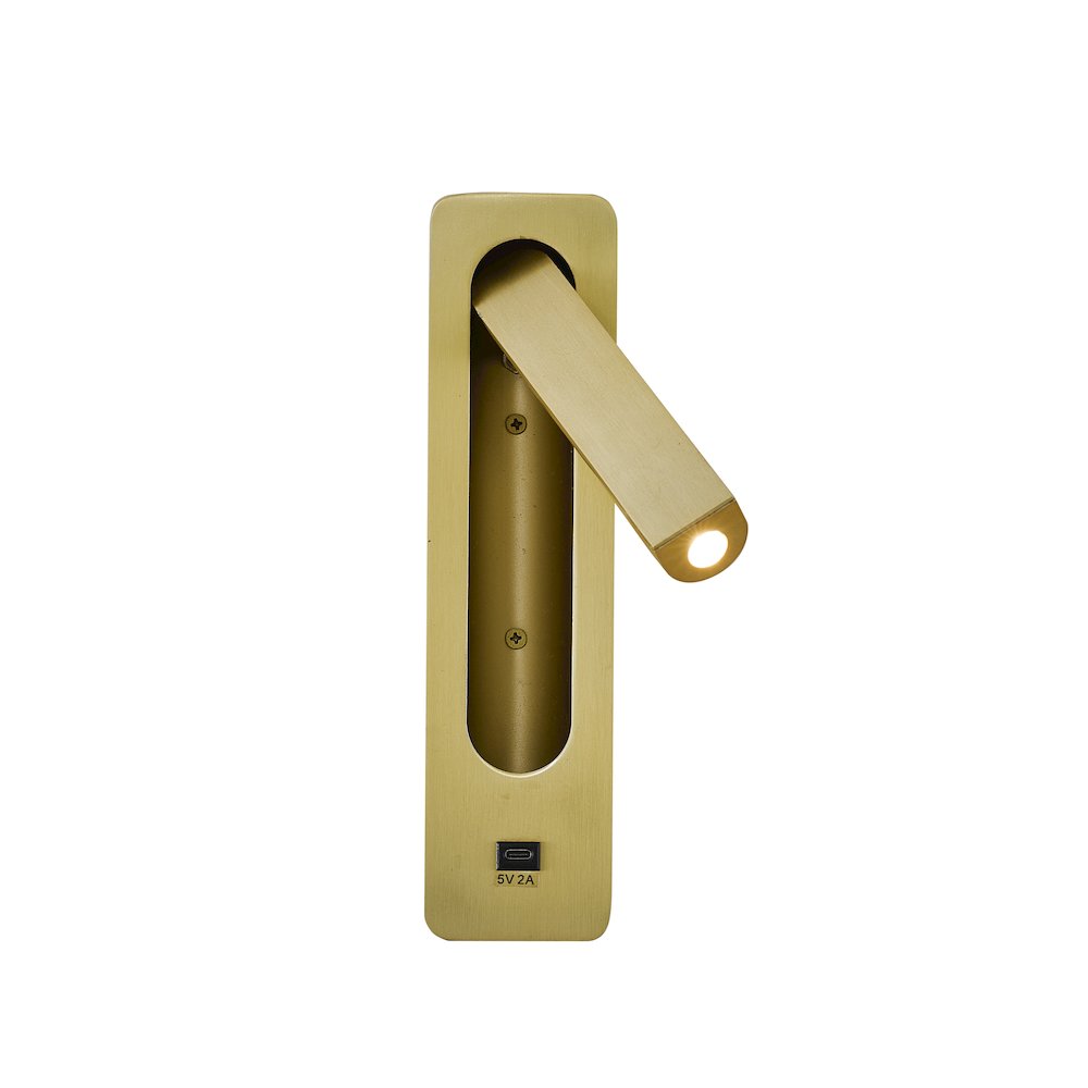 1-Light Satin Brass Metal LED Wall Sconce, One USB Port And A Clear Frosted Len. Picture 2