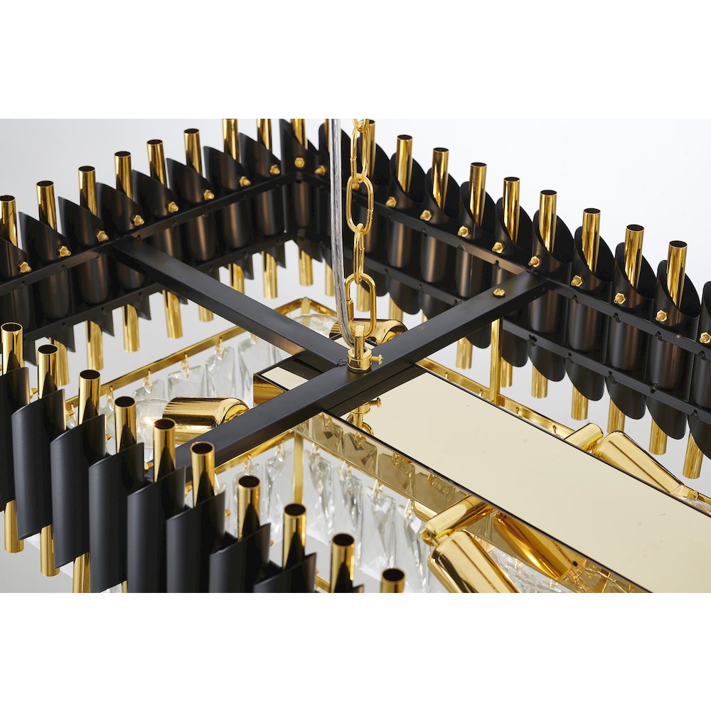 14-Light black and gold chandelier, clear hanging crystal in a rectangular shape. Picture 2