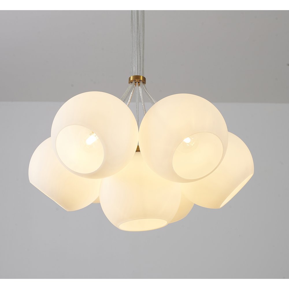 7-Light Gold Chandelier With White Glass Globe Shades. Picture 4