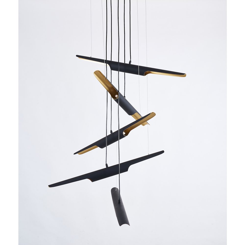 10-Light Matte Black Tubed Chandelier With Gold Interior. Picture 5
