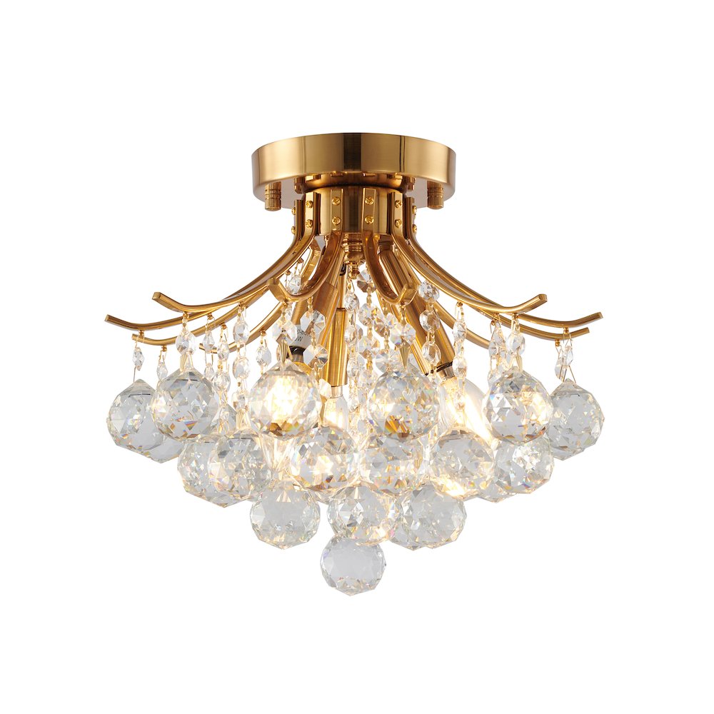 3-Light Satin Brass Metal Flush Mount With Clear Crystals. Picture 1