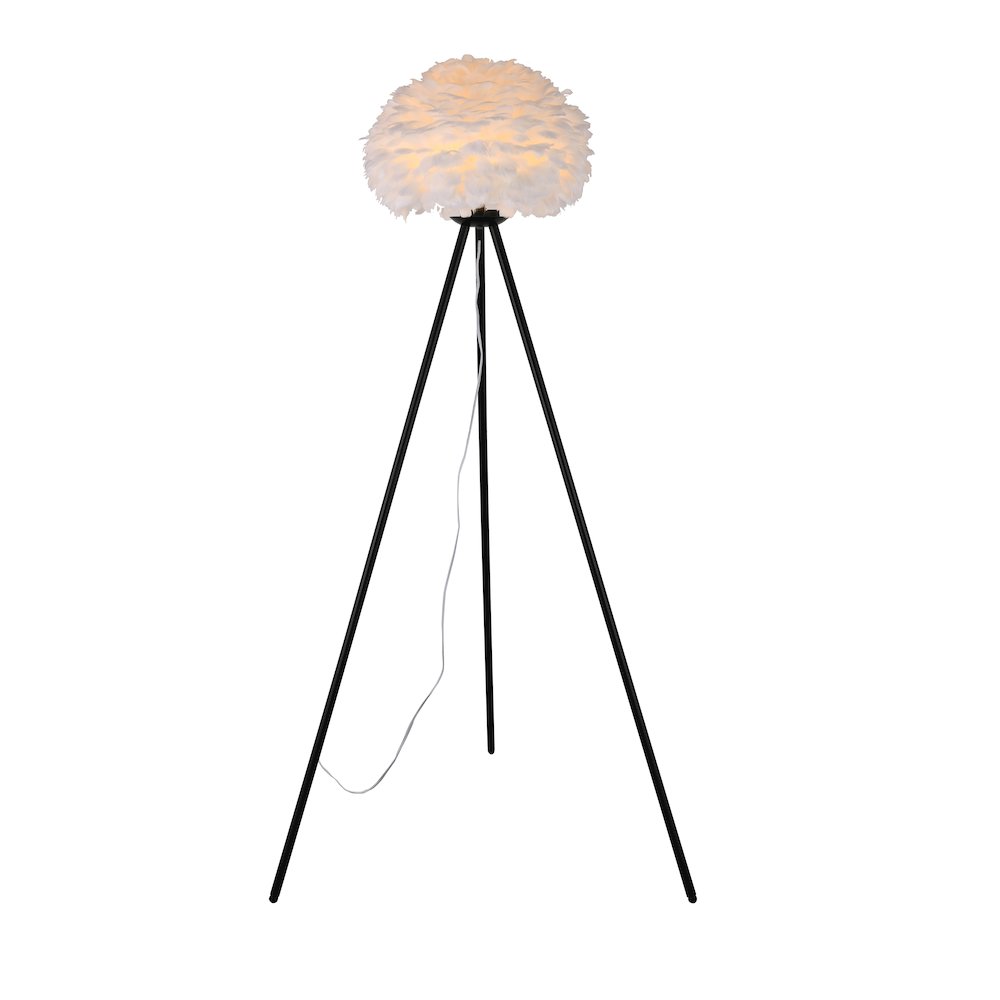 1-Light White Goose Feather Ball Floor Lamp With A Black Iron Frame. Picture 1