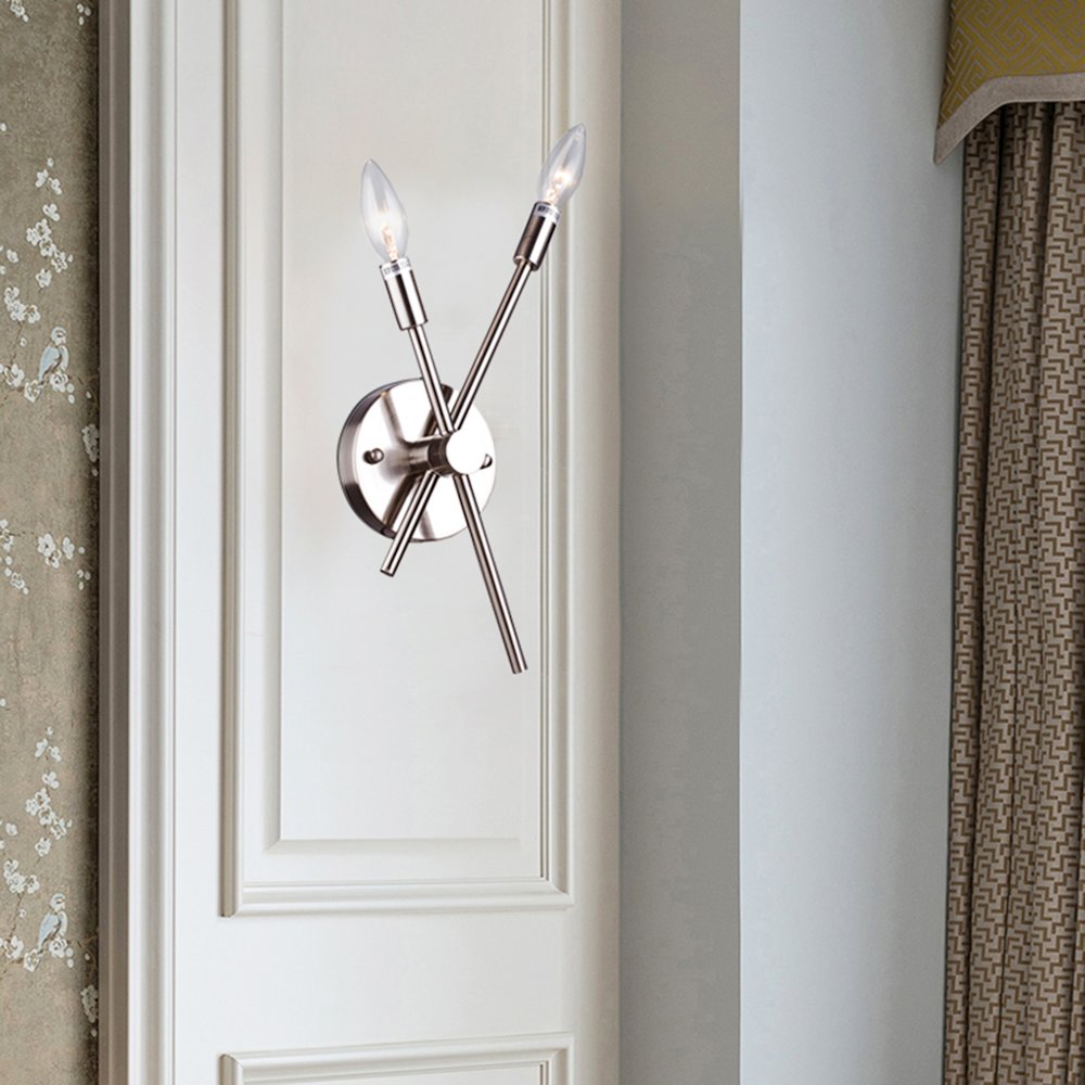 2-Light Shiny Nickel Wall Sconce With Two Pipe Arms. Picture 2