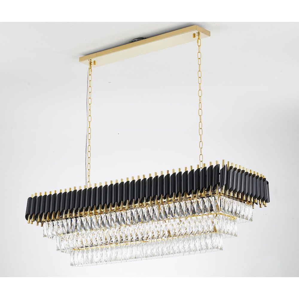 14-Light black and gold chandelier, clear hanging crystal in a rectangular shape. Picture 8