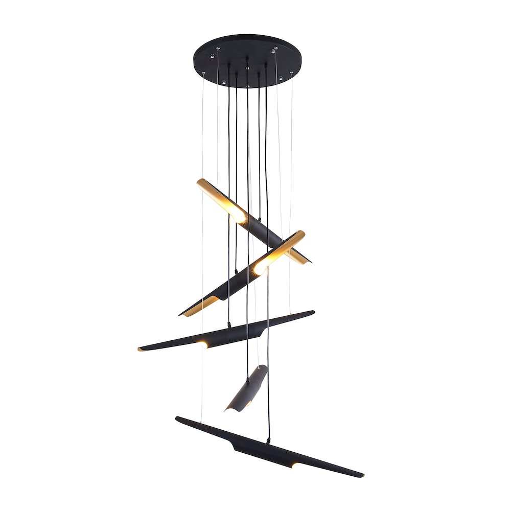 10-Light Matte Black Tubed Chandelier With Gold Interior. Picture 1