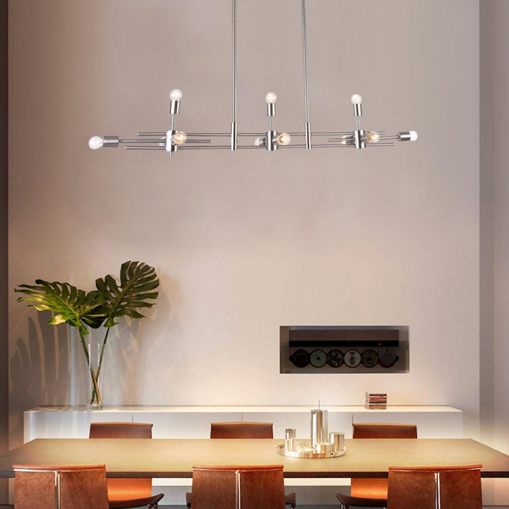 11-Light Shiny Nickel Metal Chandelier With Visible Bulbs. Picture 3