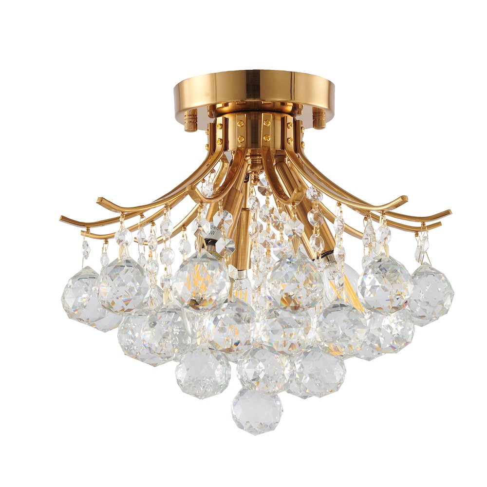 3-Light Satin Brass Metal Flush Mount With Clear Crystals. Picture 2
