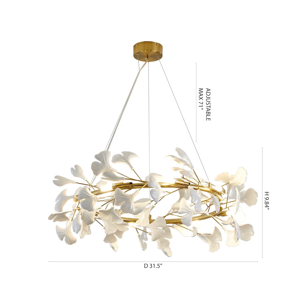 8-Light Brass Chandelier With Matte White Plastic Leaf Petals In A Round Shape. Picture 7