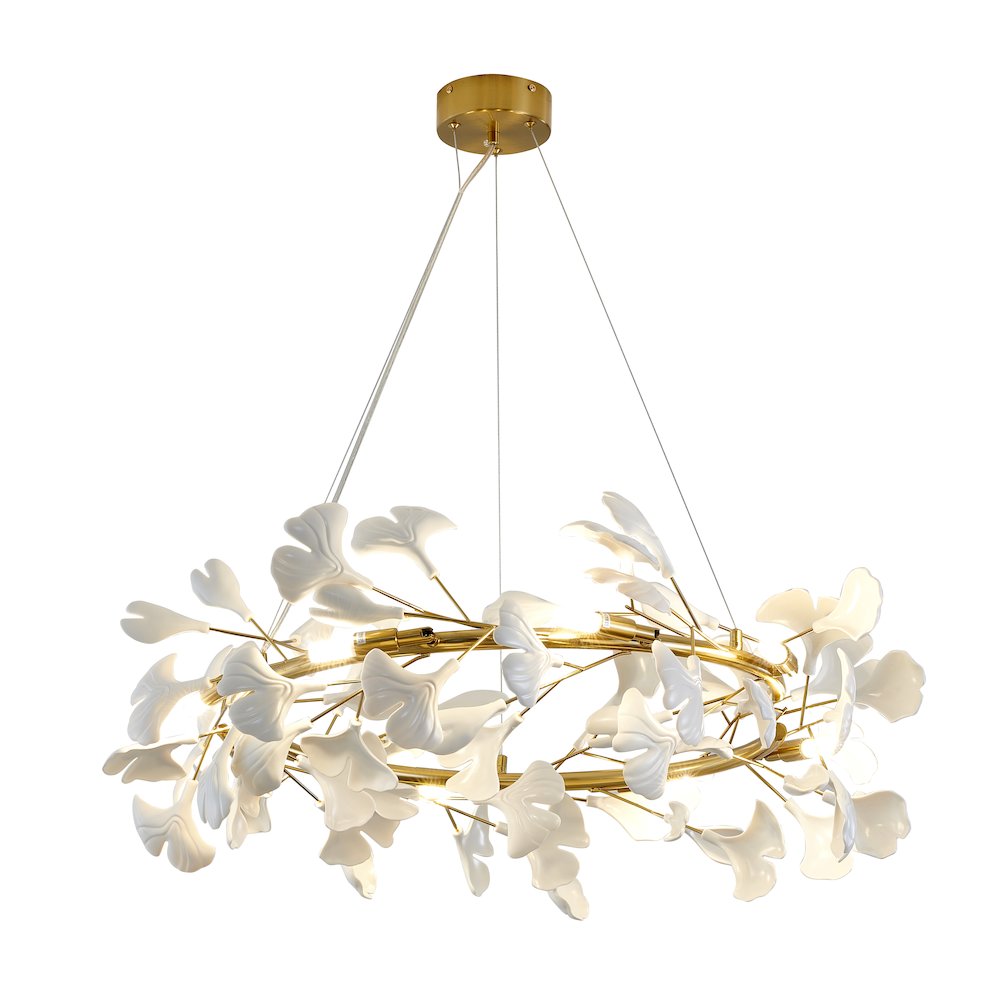 8-Light Brass Chandelier With Matte White Plastic Leaf Petals In A Round Shape. Picture 1