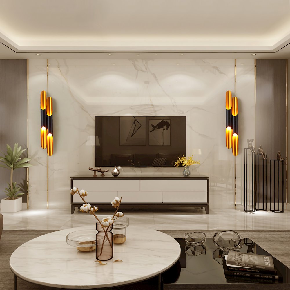 4-Light Black Tubed Wall Sconce With A Gold Interior. Picture 2