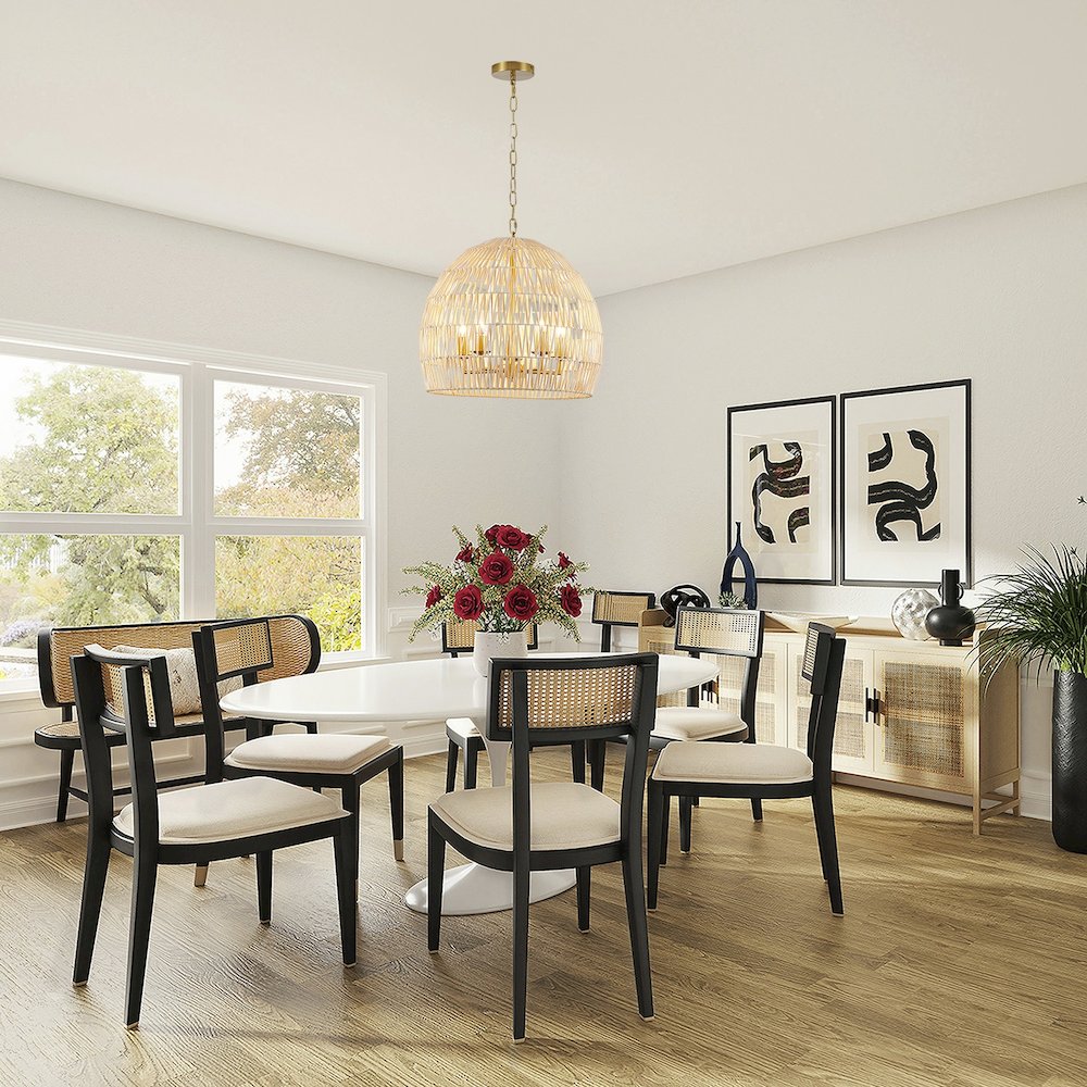 5-Light Brass Chandelier With A Natural White Wood Vine Basket Shade. Picture 7