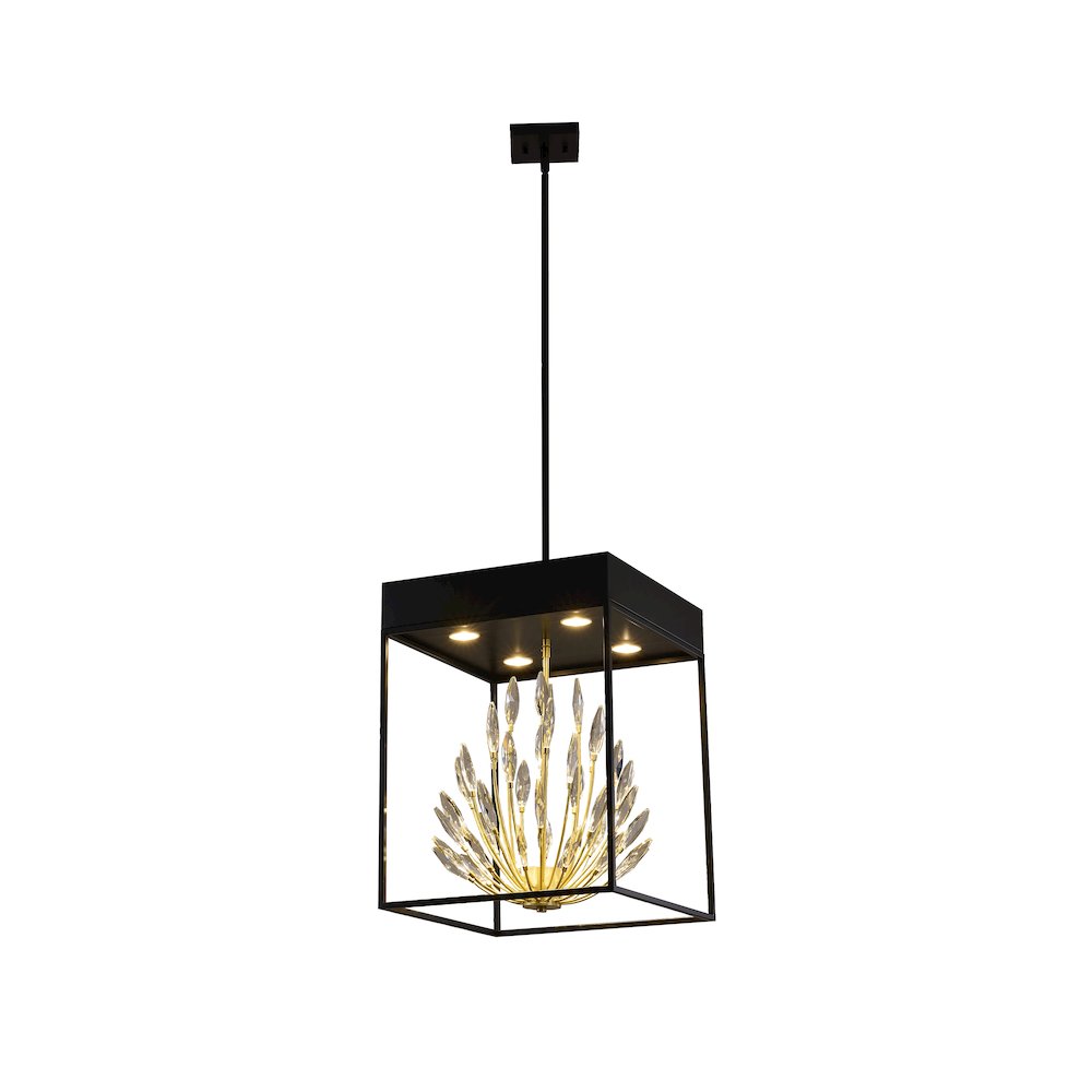 4-Light Matte Black Pendant With Gold Branches And Clear Crystals. Picture 6