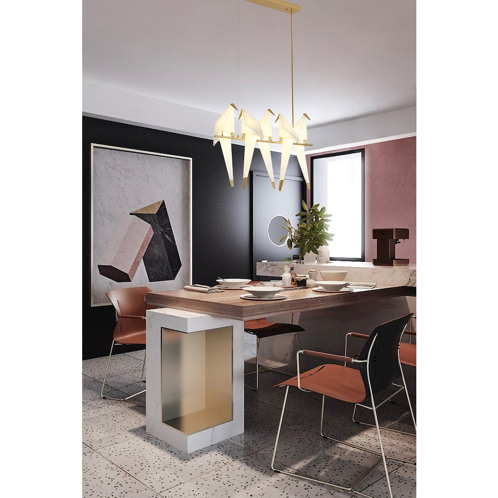 5-Light Gold LED Chandelier With White Plastic Birds. Picture 5