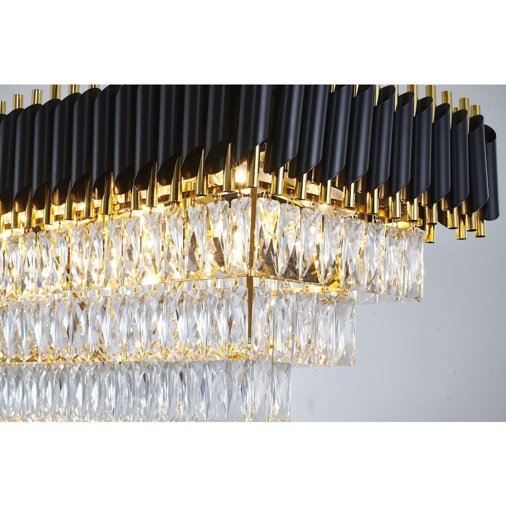 14-Light black and gold chandelier, clear hanging crystal in a rectangular shape. Picture 12