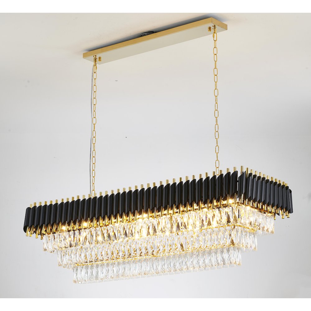 14-Light black and gold chandelier, clear hanging crystal in a rectangular shape. Picture 7