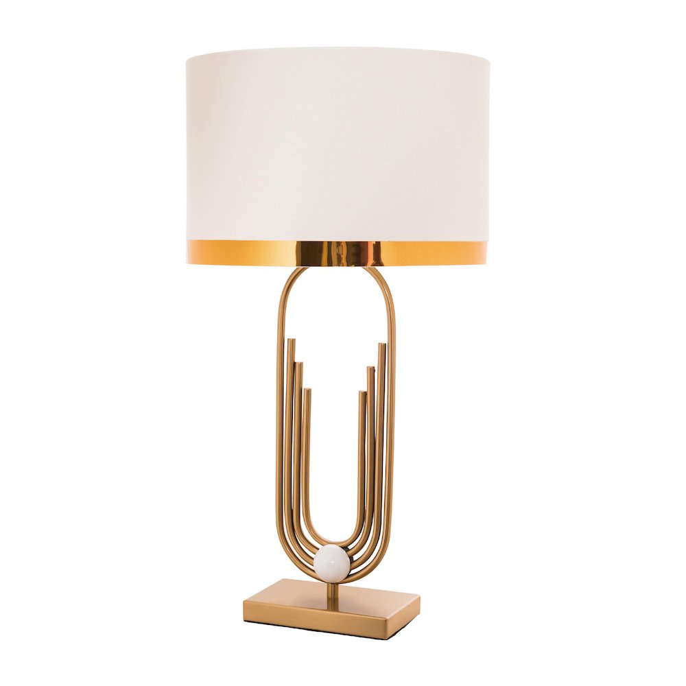 1-Light Gold Iron Table Lamp With A White Drum Shade. Picture 1