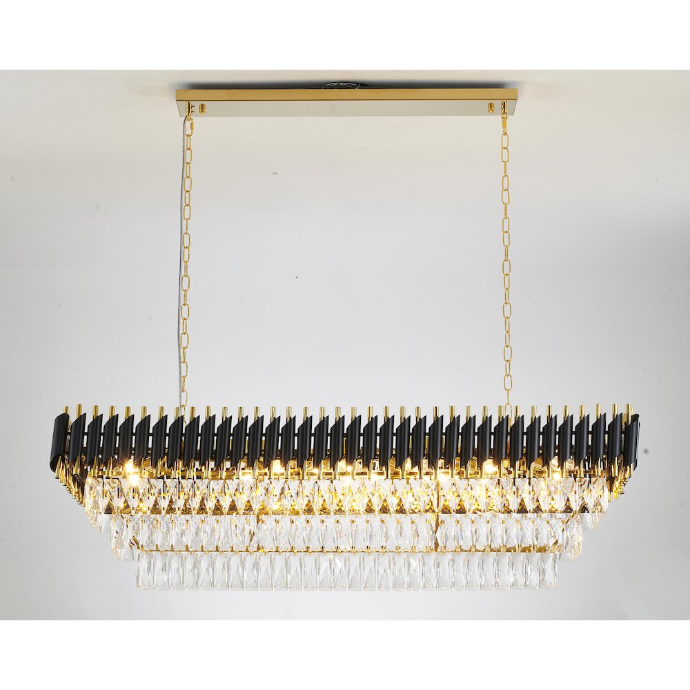 14-Light black and gold chandelier, clear hanging crystal in a rectangular shape. Picture 6