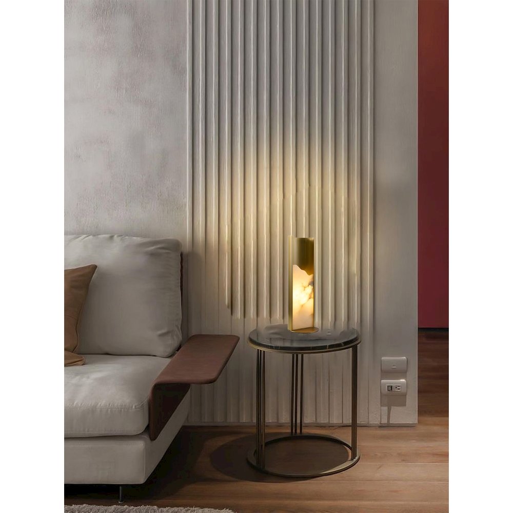 1-Light Stain Brass Aluminum Table Lamp With A White Alabaster. Picture 7