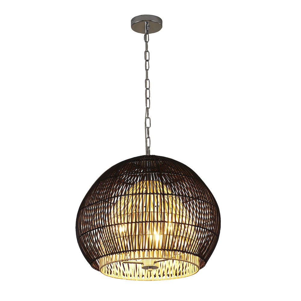 3-Light Chrome Chandelier With Black And Natural Wood Shade. Picture 1