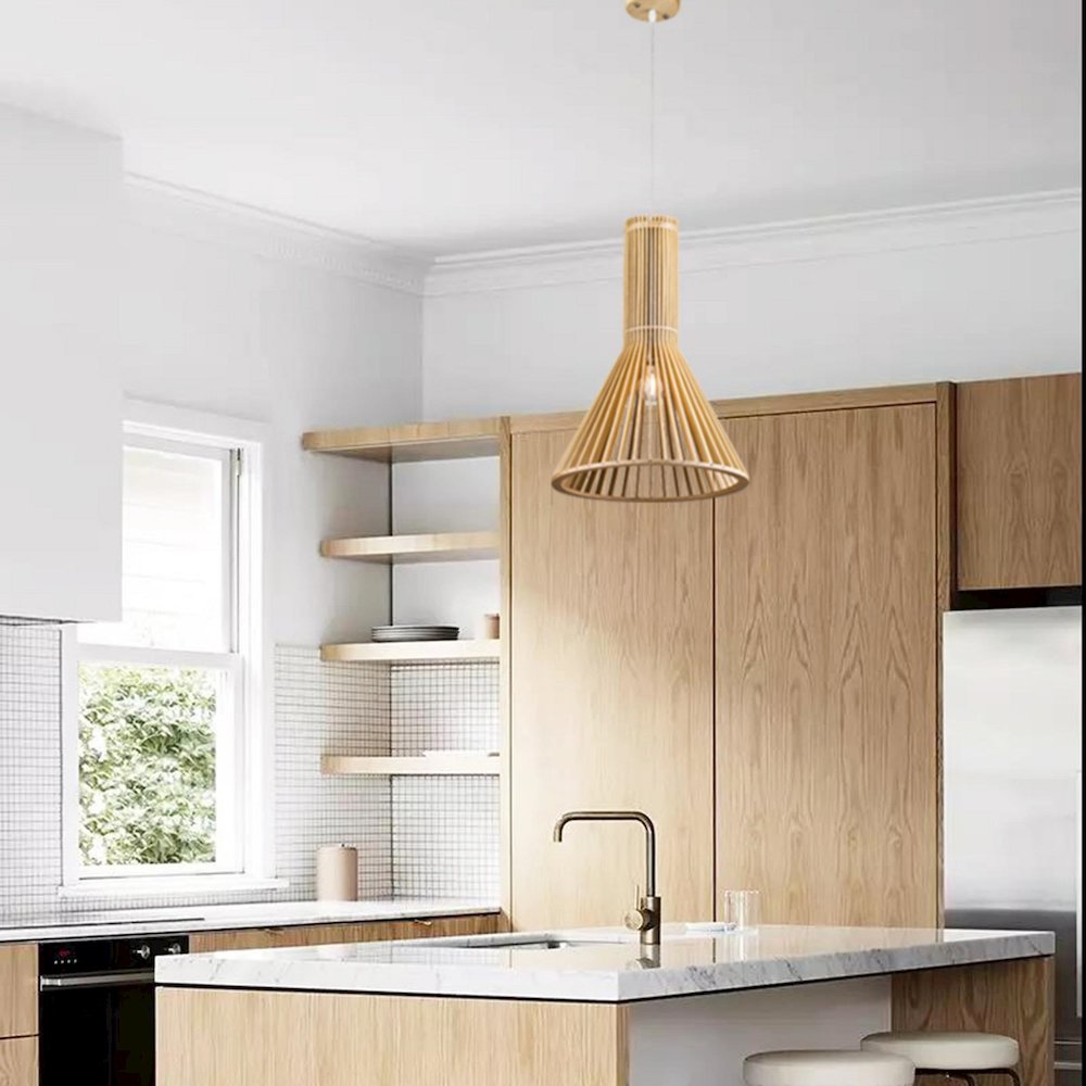 1-Light Natural Wood Single Pendant With A Black Fabric Cord. Picture 4