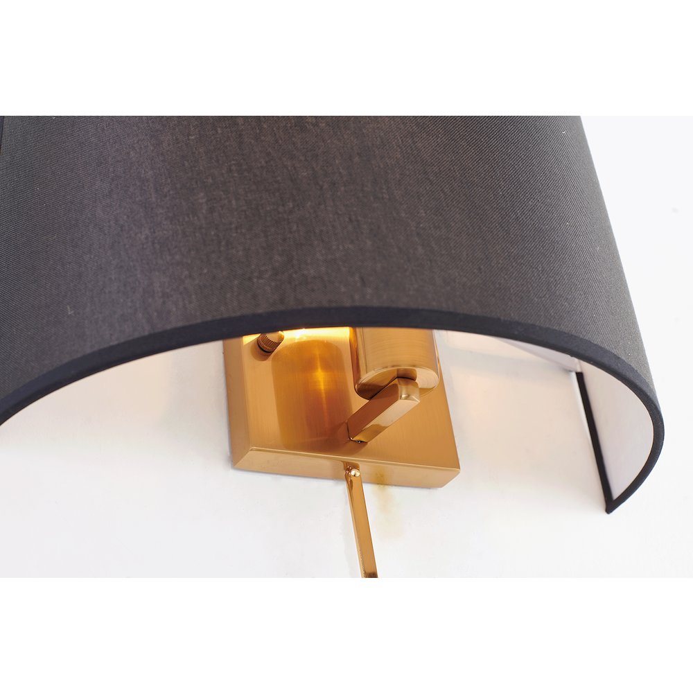 1-Light Satin Brass Metal Wall Sconce With A Fabric Black Shade. Picture 5