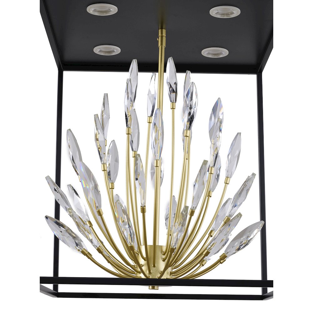 4-Light Matte Black Pendant With Gold Branches And Clear Crystals. Picture 4
