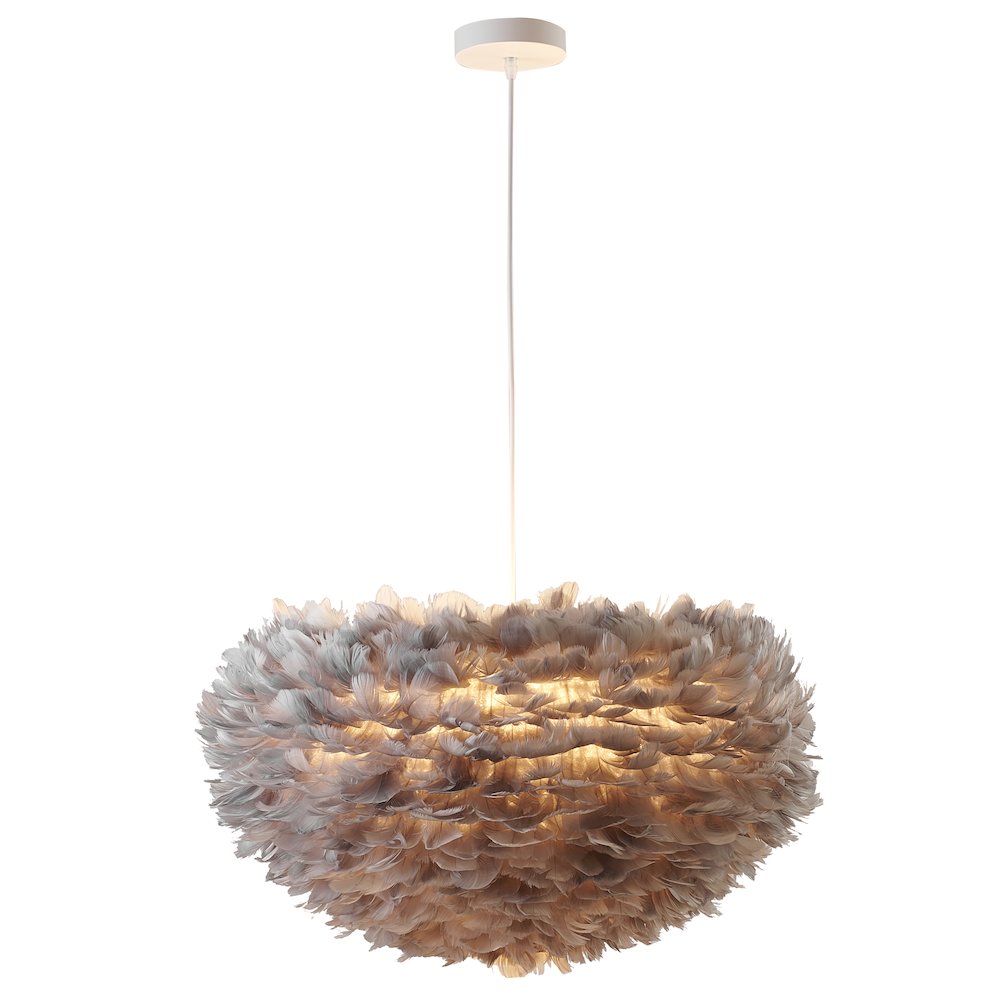 1-Light Light Grey Goose Fether Chandelier With A White Iron Frame. Picture 1