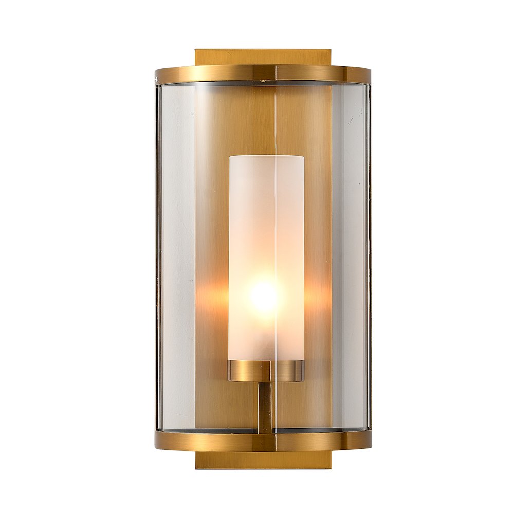 1-Light Antique Brass Metal Wall Sconce With A Clear Glass Shade. Picture 1