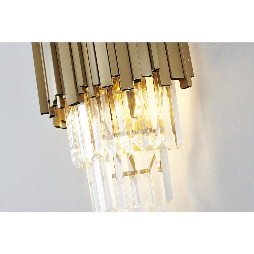 3-Light Brushed Gold Wall Sconce With Clear Hanging Crystals. Picture 4