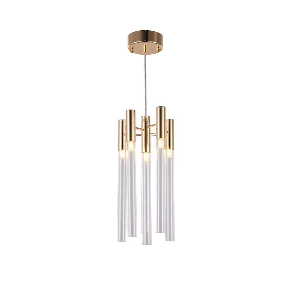 6-Light Gold Single Pendant With Clear Glass Tubes. Picture 1