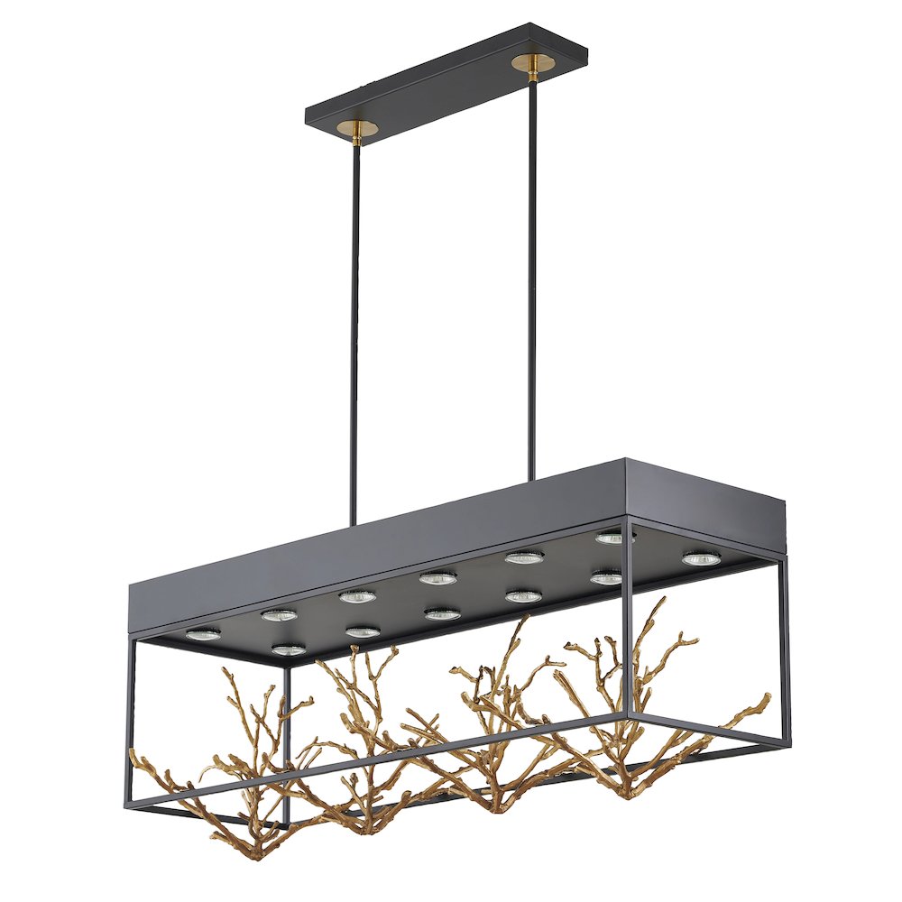 12-Light Matte Black Pendant With Gold Branch Accents. Picture 2