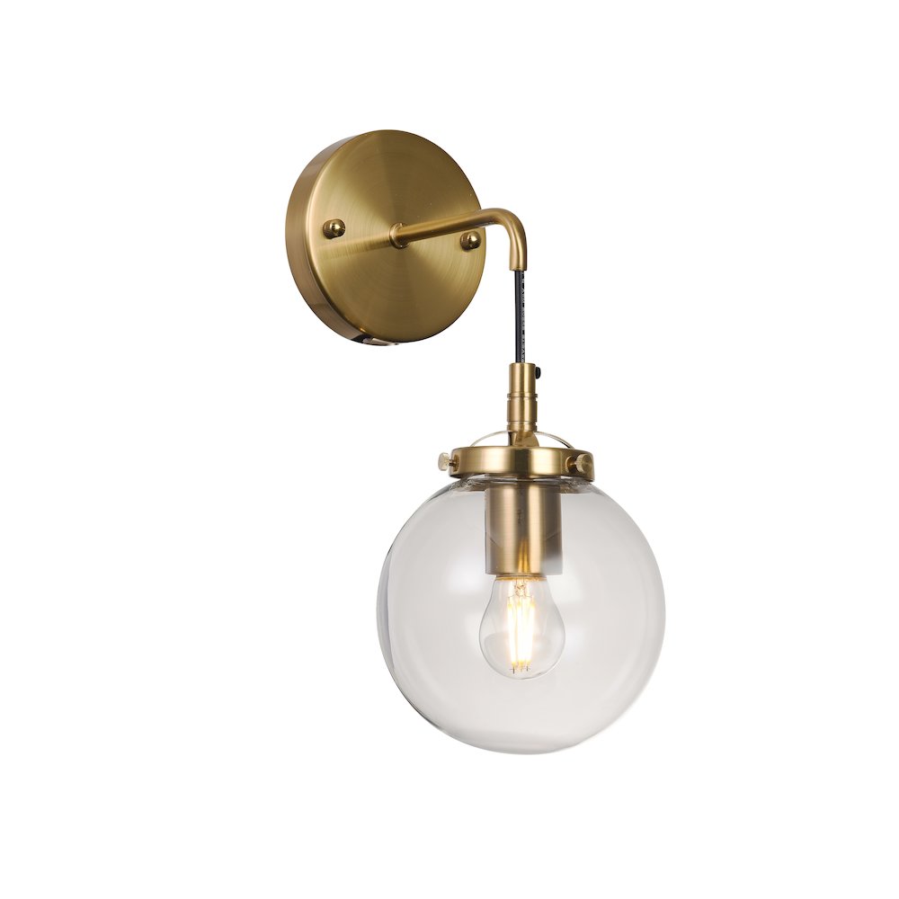 1-Light Brass Wall Sconce With A Clear Glass Globe Shade. Picture 1