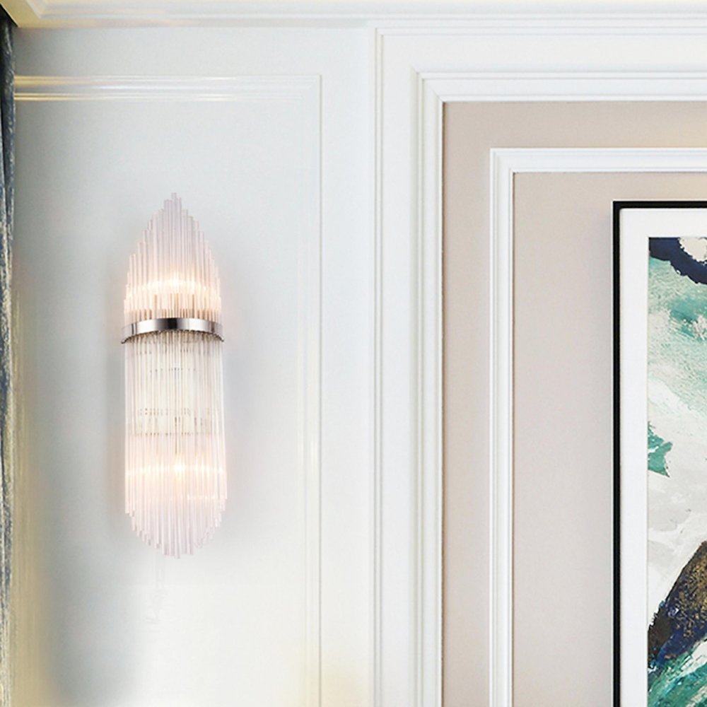 3-Light Chrome Metal Wall Sconce With Clear Glass Rods. Picture 3